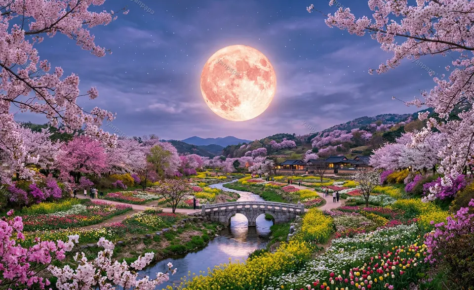 핑크문과 봄꽃의 조화