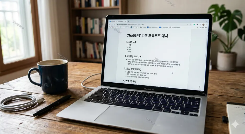 노트북 화면에 ChatGPT 검색 프롬프트 예시를 정리한 문서가 열려 있는 모습