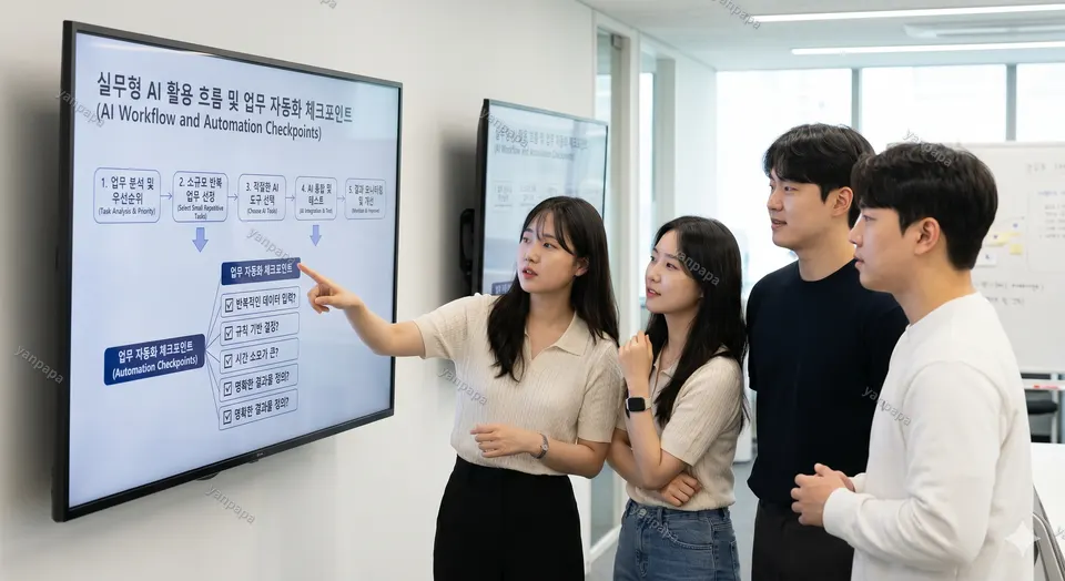 팀원이 실무형 AI 활용 흐름과 업무 자동화 체크포인트를 정리한 화면을 함께 보는 모습