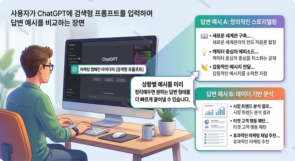 사용자가 ChatGPT에 검색형 프롬프트를 입력하며 답변 예시를 비교하는 장면