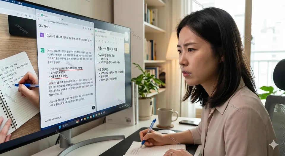 사용자가 ChatGPT 답변과 메모를 함께 보며 핵심 정보와 기준 시점을 검토하는 화면