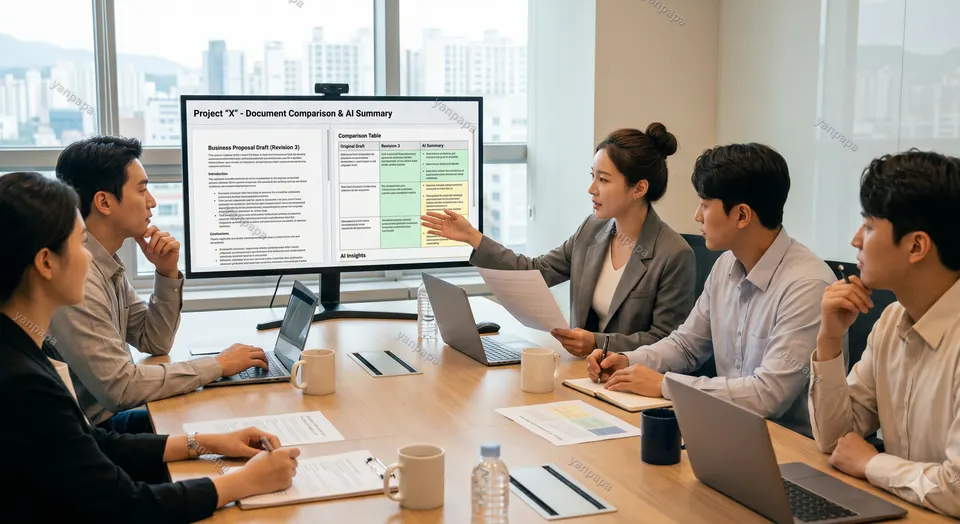 팀원이 AI가 만든 요약과 비교표를 보면서 실무 문서를 검토하는 장면