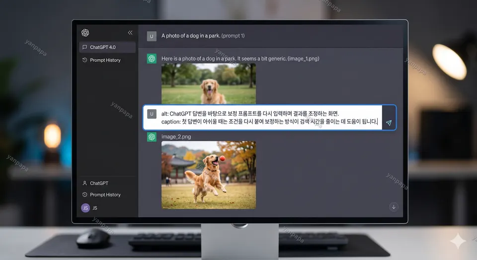 ChatGPT 답변을 바탕으로 보정 프롬프트를 다시 입력하며 결과를 조정하는 화면