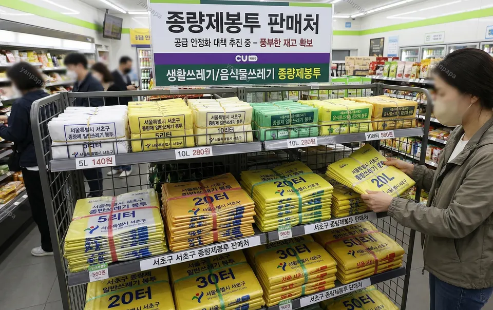 한국 종량제봉투 진열 모습