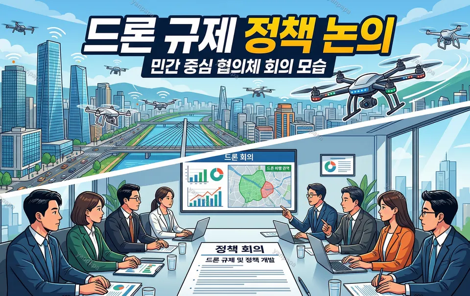 도시 상공을 비행하는 드론과 드론 규제 정책 회의 장면