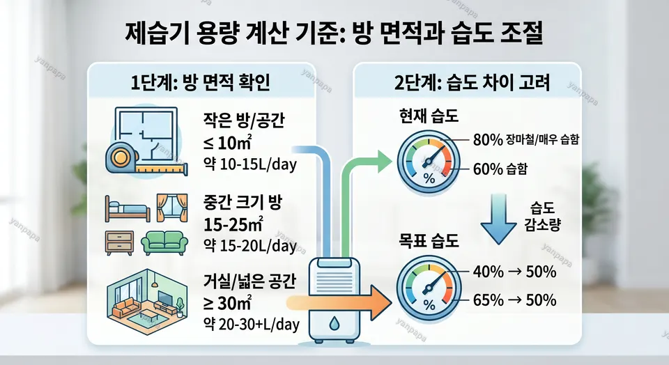 제습기 용량 계산 기준을 방 면적과 현재 습도 목표 습도로 정리한 이미지