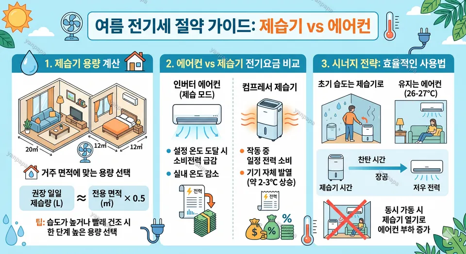 제습기 용량 계산과 에어컨 전기요금 비교로 여름 전기세 절약 방법을 설명한 이미지